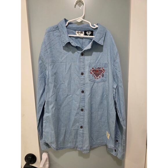 Cotton On Kids Superman Shirt Chambray Button Front 13/14 Embroidered Logo - Picture 1 of 6